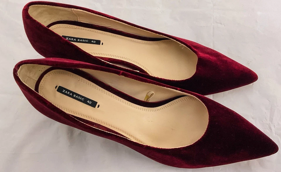 Zapatos de tacón de gamuza Zara 42 borgoña terciopelo punta puntiaguda caprichoso Fairycore Foto 2 de 4