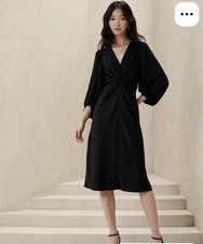 NWT Banana Republic $120 Women's SATIN COLLAR-WRAP MIDI DRESS, Black, Sz 4,