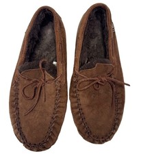 LL Bean Wicked Good Moccasins Mens Brown Suede Shearling Lined Slippers. Sz 9