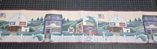 Country Town Wallpaper Border SB10124B Shops Hills Trees American Flag