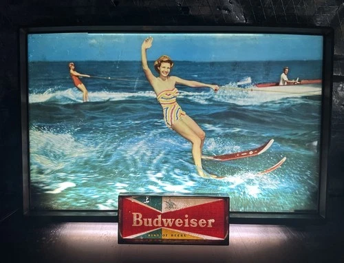 Vintage 1950s Budweiser Beer Lighted Sign Woman Water Skiing