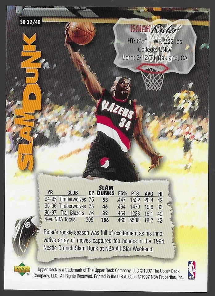 1997-98 Upper Deck Nestle Slam Dunk #32, Isaiah Rider (Portland Trial Blazers) - Image 2 of 2