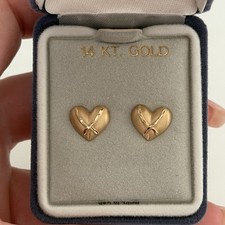 14K Yellow Gold Heart Etched Diamond Cut Stud Earrings