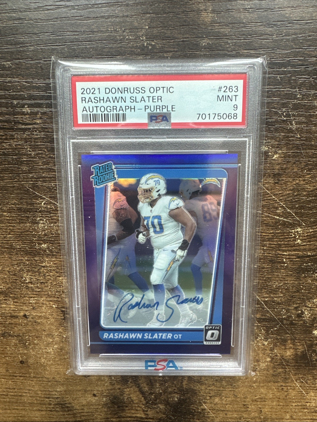 RASHAWN SLATER Rookie Auto 2021 Donruss Optic Purple 14/25 PSA 9 Chargers #263 view 1