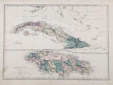 1875 CUBA - JAMAICA Map ORIGINAL Havana - Kingston LARGE HAND-COLORED