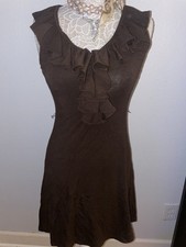 Lauren Ralph Lauren Dress P/S Womens Petite Small Brown Ruffle A Line Fit Bow