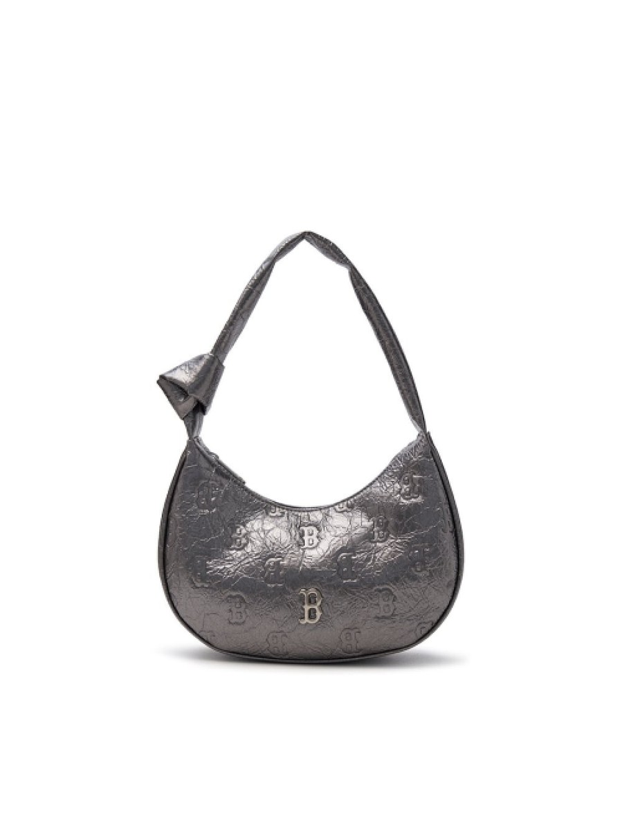 ☆MLB Korea☆ Classic Monogram Crack Embo Hobo Bag BOS White กระเป๋าสะพายข้าง Classic Cracked Embo Monogram Crossbody Bag