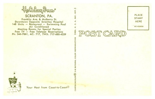 Holiday Inn Franklin Ave & Mulberry St Downtown Scranton PA Unposted Postcard F2 - Picture 2 of 2