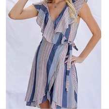 NWT Davi & Dani Striped Multicolor Wrap Dress Ruffle Flutter Sleeves Sz L