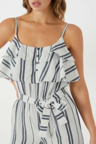 Brand New BOOHOO White Mix Striped Frill Cami Jumpsuit Size UK 16 - Picture 3 of 6