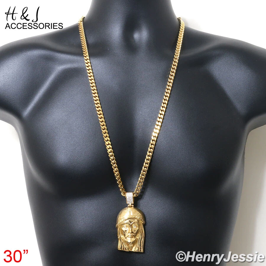 Cadena Cubana Miami Chapada en Oro 18-40" Acero Inoxidable 7mm GRAN CIRCONITA Colgante Jesús*143 Foto 2 de 4