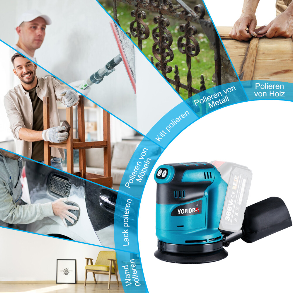 Akku Exzenterschleifer 125mm - Kabelloser Schleifer Mit 2x 3000mAh Akku Für Holz Und Metall