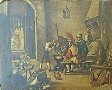 Dipinto antico legno XIX sec. INTERNO DI OSTERIA Flemish school scuola fiamminga