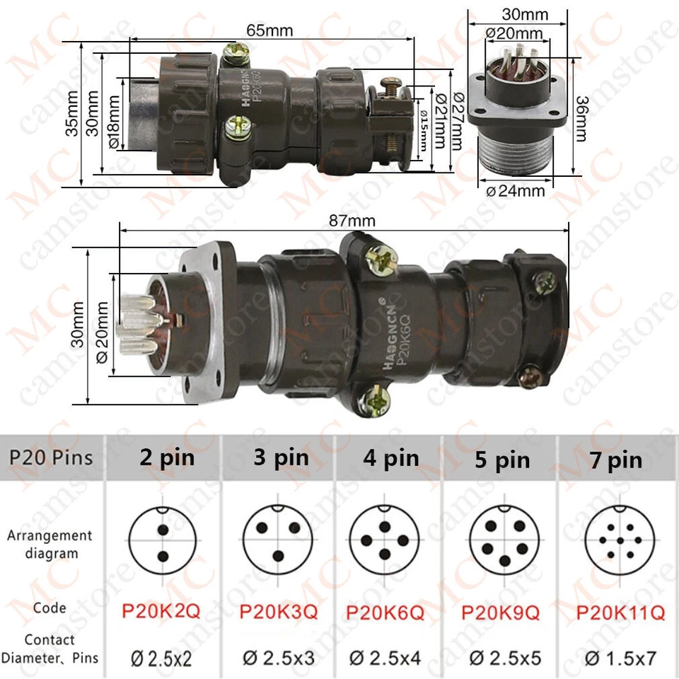 P20 Aviation connector 3 pin P20K3Q cable plug socket  metal cable connector  - Image 2 of 4