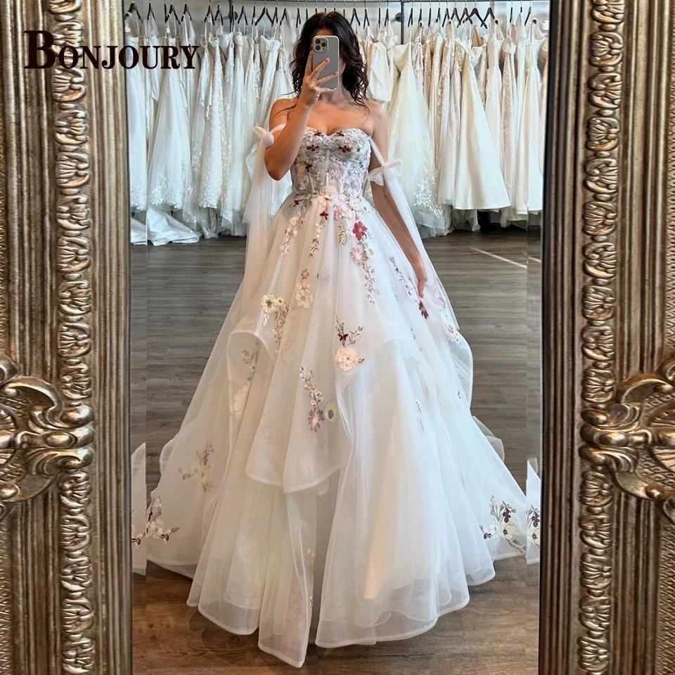 3D Flowers Wedding Dresses Colorful Sweetheart Ruffles Tulle Lace Bridal Gowns - Image 2 of 4