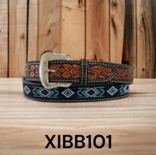 Western Rodeo Multicolor Brown Tooled Leather Beaded Belt Floral Billet XIBB-101