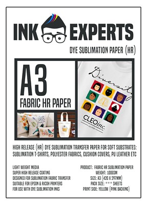 A3 Stoff HR 100g Sublimation Transferpapier 50 Blatt für T-Shirt & Stoffe