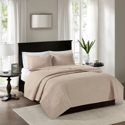 Madison Park Quebec Quilt Set, Damask Stitching Design, Cotton Filled, 3 Pieces