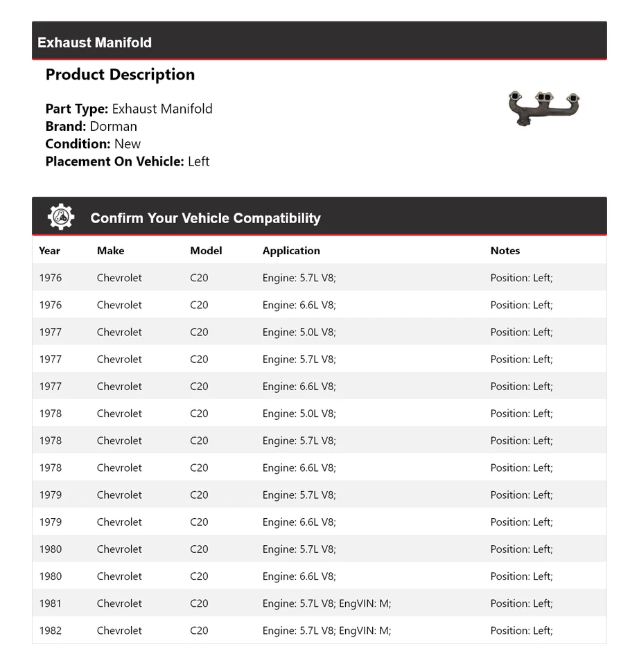 Левый выпускной коллектор для Chevrolet C20 Dorman 1976-1982 годов выпуска 1977 1978 1979 1980 годов выпуска - Изображение 2 из 4