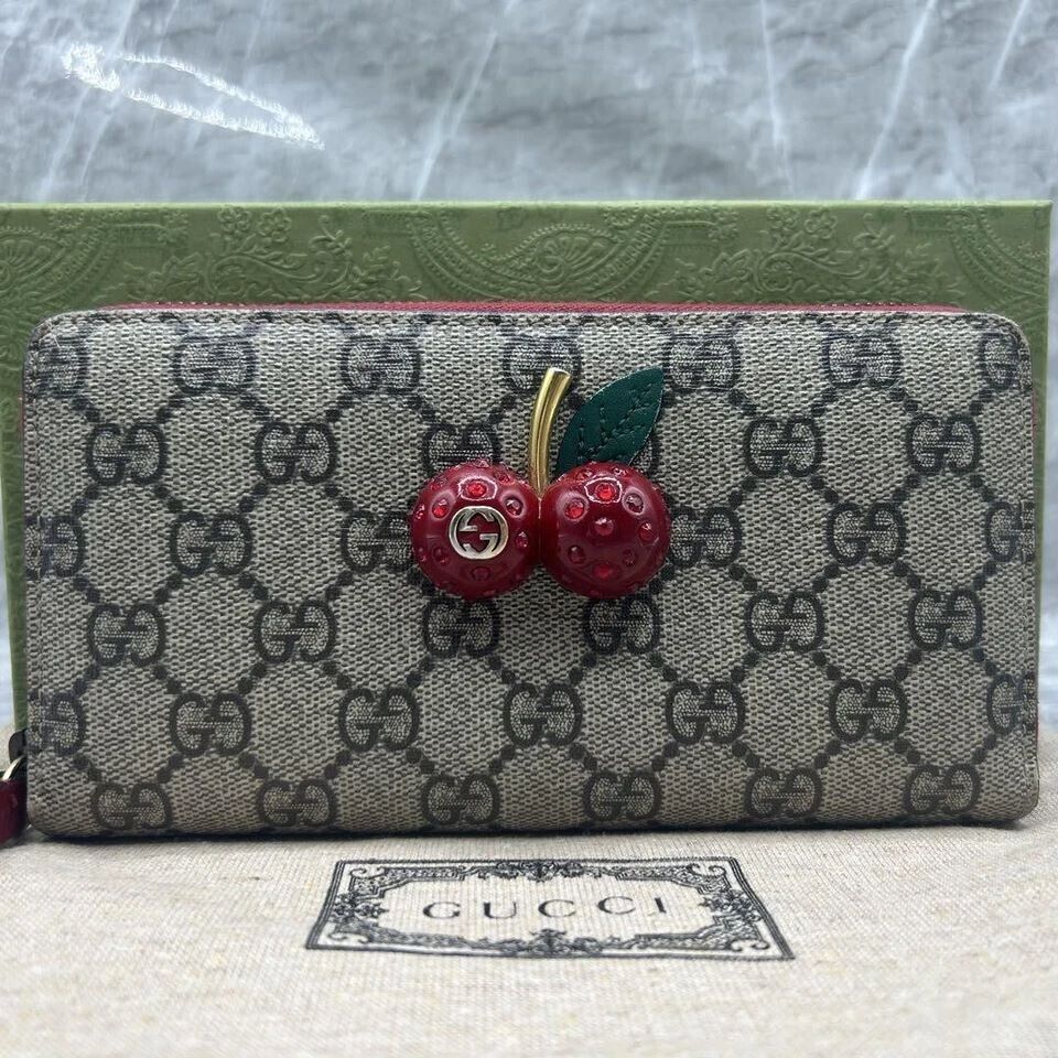 Gucci Cherry Leather Long Wallet Zip Canvas Cherrie GG Fruit