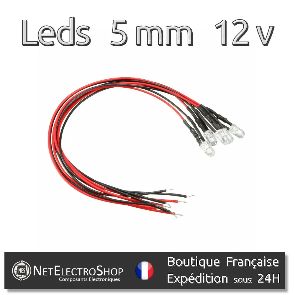 Leds 5mm bleues 12v pré-câblées pour éviter les soudures complexes sur vos circuits