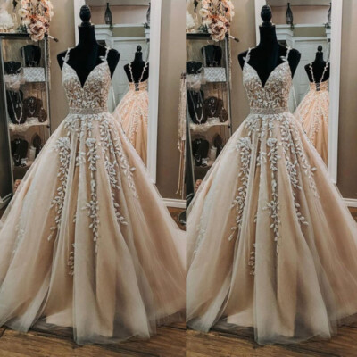 Vintage Champagne Wedding Dresses with Straps Lace Appliques A Line Bridal  Gowns | eBay
