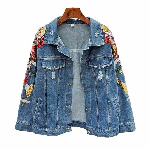 Donna Paillettes e Lustrini Jeans Giacche Abbigliamento Street Buchi Perle  | eBay