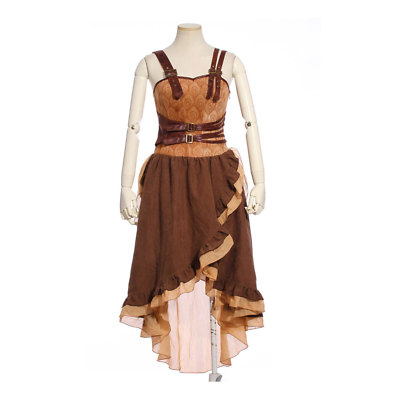 Steampunk Women's Brown Costume Dress w/ Faux Leather Straps Saloon Western  S-XL | eBay