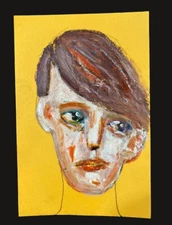 Portrait Painting Naive Outsider 4x6 Whimsical Wall Art Sad Boy Big Eyes Emotion
