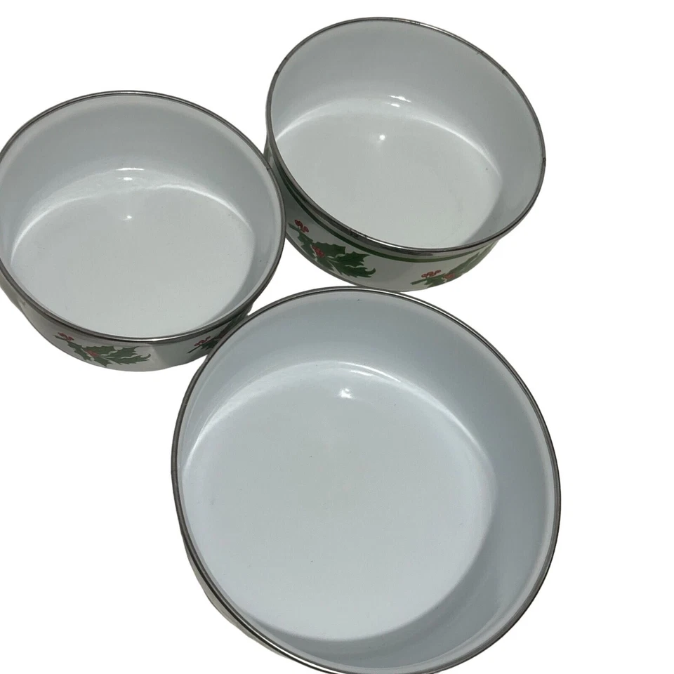 Праздничные эмалированные рождественские чаши набор из 3 предметов Holly Design посуда с серебряной отделкой - Изображение 2 из 4