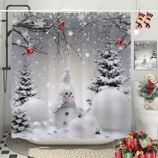 Winter Christmas Snowman Shower Curtain, Grey Winter Forest Cardinal Snowflak...