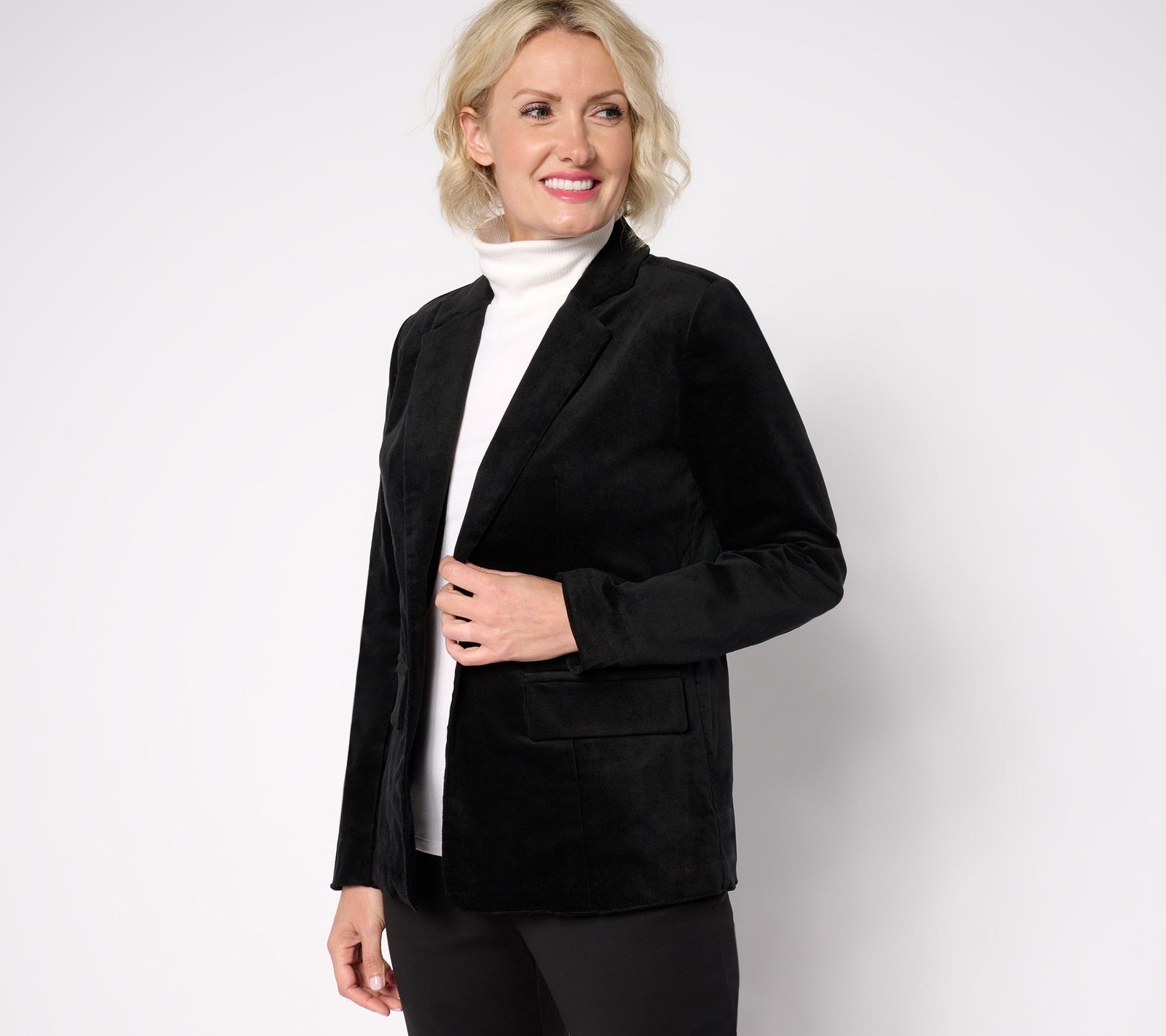 Denim & Co. Women's Plus Sz Jacket 2X Velvet Button Blazer Black A668509