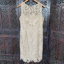 Adrianna Papell Lace Sheath Dress Womens 12 Champagne Beige Sleeveless Cocktail