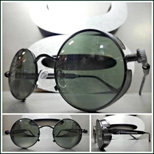 Men's RETRO STEAMPUNK BLINDER Style SUNGLASSES Round Black Frame Dark Tint Lens
