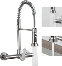 Brushed Nickel Wall Mount Kitchen Faucet with Sprayer - 8 Inch Center