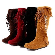Women's Tassel Rhinestone Mid Calf Boots Knee High Boots Fringe Moccasin Boots