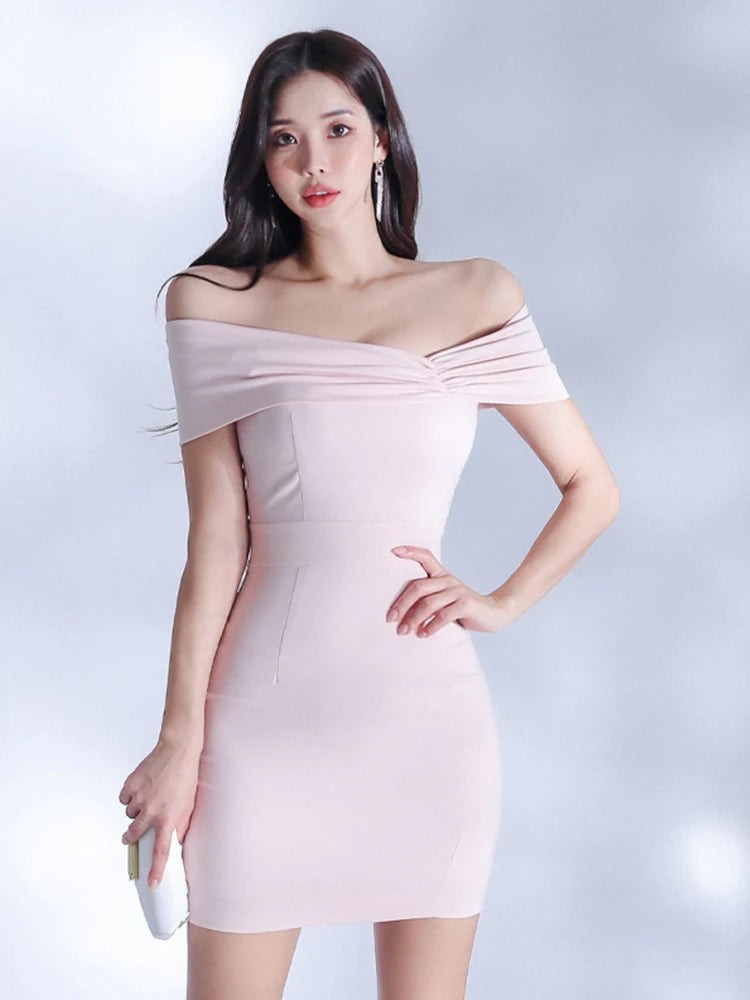 Pink Off-shoulder Bodycon Dress With Ruched Detailing. 21