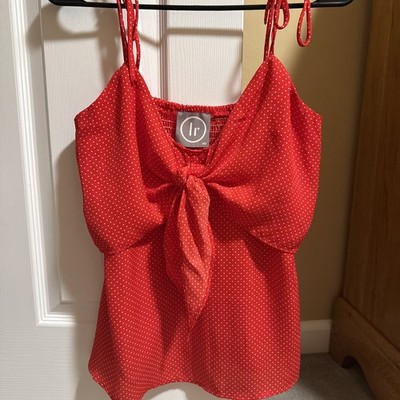 Lirome Fashion Boutique Red Polka Dot Tie Strap Smocked Ruffle Top-Medium