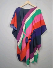 Trina Turk Poncho Dress M/L Multicolor Stripe Belted Kimono Sleeve Boho Beach