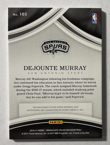 2016-17 Panini Immaculate Rookie Patch Auto RPA DeJounte Murray RC 34/99 - Picture 2 of 2