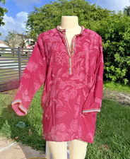 JOHNNY WAS CRANBERRY TROPICAL EMBROIDERY DETAIL LONG SLEEVE TUNIC TOP Sz M
