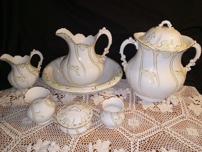 Antique Victorian La Francaise Porcelain Pitcher&Wash Basin And Large Chamber...