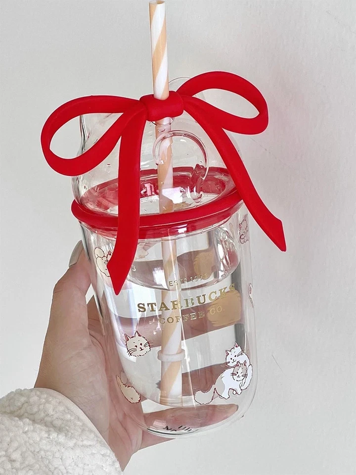 New 2024 China Starbucks Valentine's Day Double Glass Bow 13oz Straw Cup Tumbler - Image 2 of 4