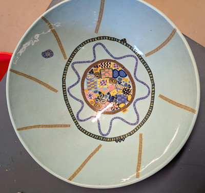 Vintage Ceramic Serving Bowl Blue Art Deco Abstract With Tree Makers Mark 