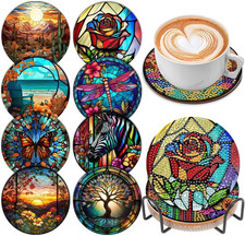 8 Pcs Diamond Art Painting Coasters with Holder, DIY Colorful Glass Stain Diamon