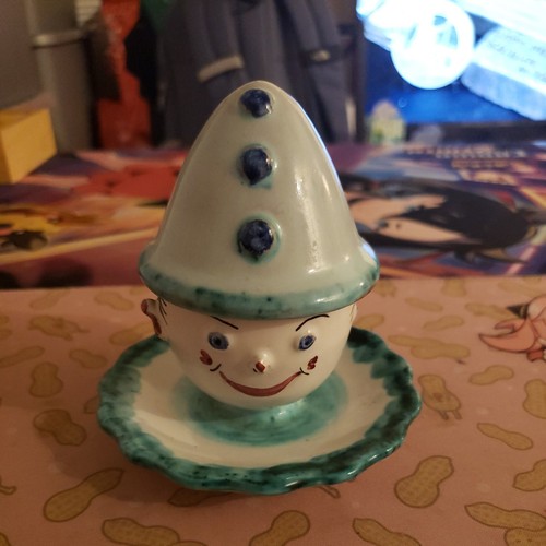 Vintage Italian Egg Cup Attached Saucer Marked Italy Clown Face With Hat 1940-50