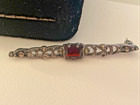 Vintage Sterling Silver Filigree Carved Red Garnet Bar Pin Brooch 2” Long — photo 2