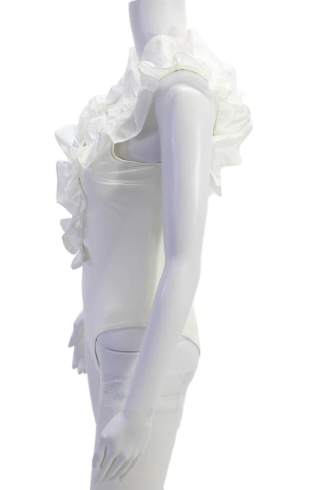 The Westside Mujer Texturizado Cuello en V Sin Mangas Volantes Natación Una Pieza Blanco Talla Foto 2 de 4