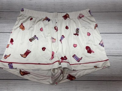 Old Navy Sleep Shorts Womens Small White Cowboy Boot Hat Heart Print Lounge