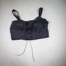 Womens Black Denim Corset Bustier Top Lace Up...